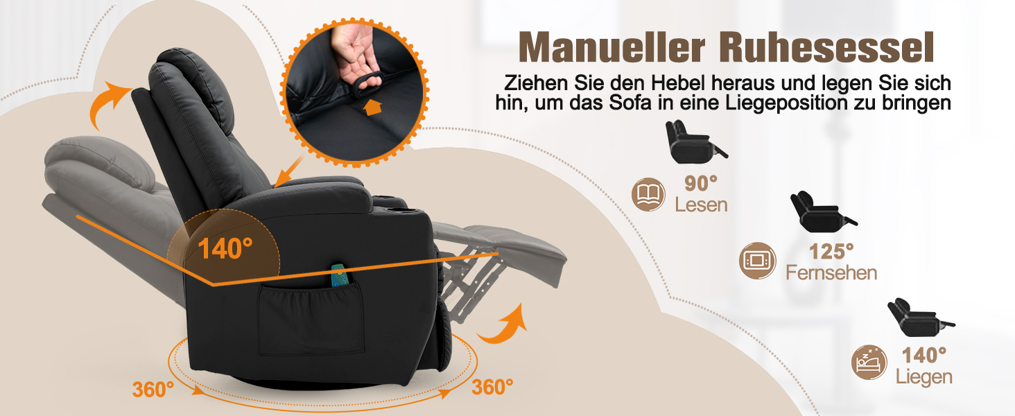 Diagramm des Liegesessels mit mehreren Positionen mit einem Neigungswinkel von 140 Grad, einer um 360 Grad drehbaren Basis und Hinweissymbolen zur Einstellung