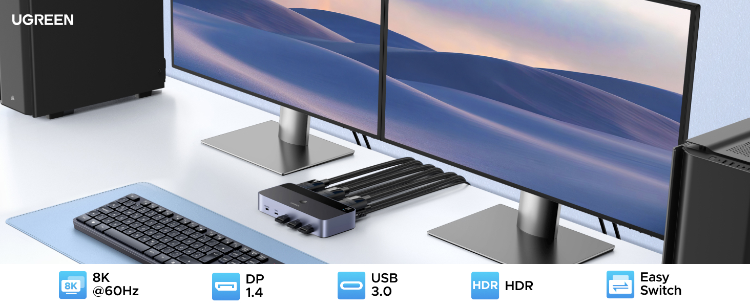 Dual monitor setup with slim bezels displaying desert landscape. UGREEN docking station beneath, connecting keyboard and multiple devices. Icons indicate 8K@60Hz, DisplayPort, USB 3.0, HDR, and Easy Switch features.