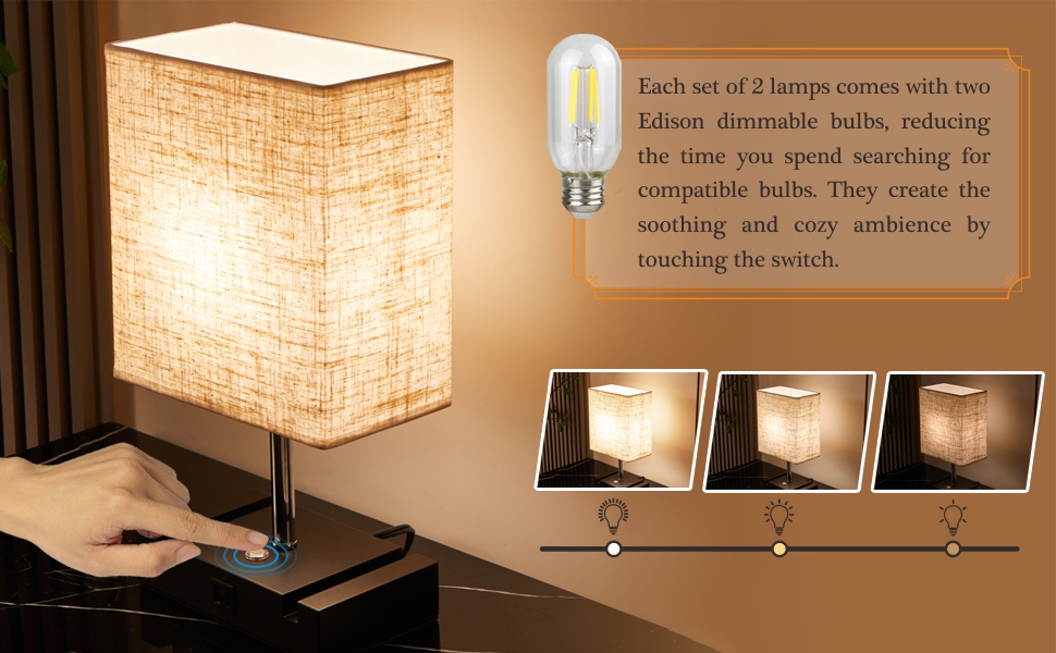 Bedside Lamp Set, Dimmable Table Lamp with Bulbs, Touch Lamp with USB