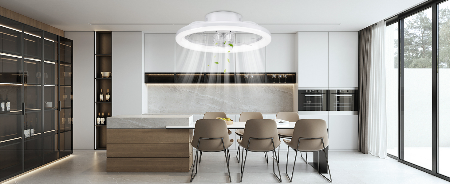 Elegantes, modernes Küchendesign mit dunklen Schränken, weißen Arbeitsplatten und kreisförmigen Pendelleuchten. Verfügt über große Fenster und ein offenes Grundriss.