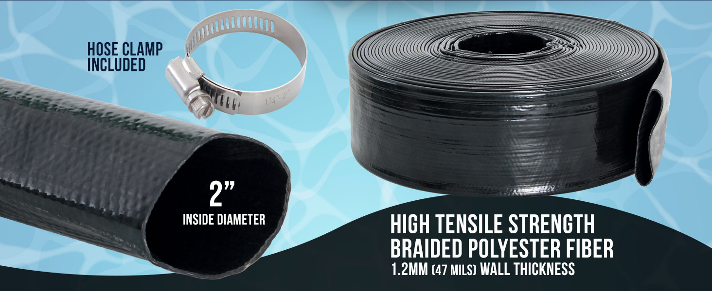 U.S. Pool Supply 2'' x 50' Black Rhino backwash hose, extra heavy-duty, burst-resistant, with clamp