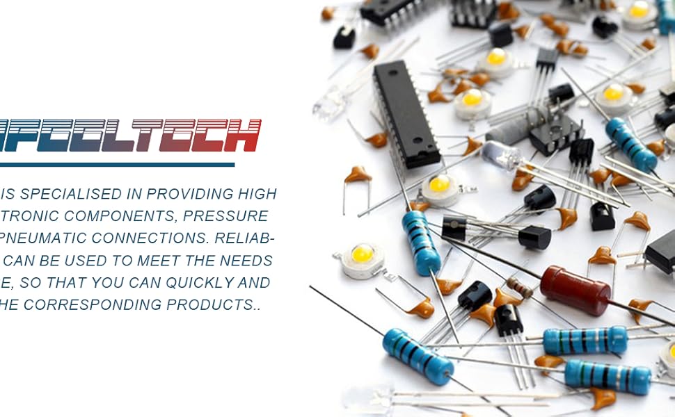 Assorted electronic components scattered on surface, including capacitors, resistors, and integrated circuits. Text banner reads 'INNPECTECH'.