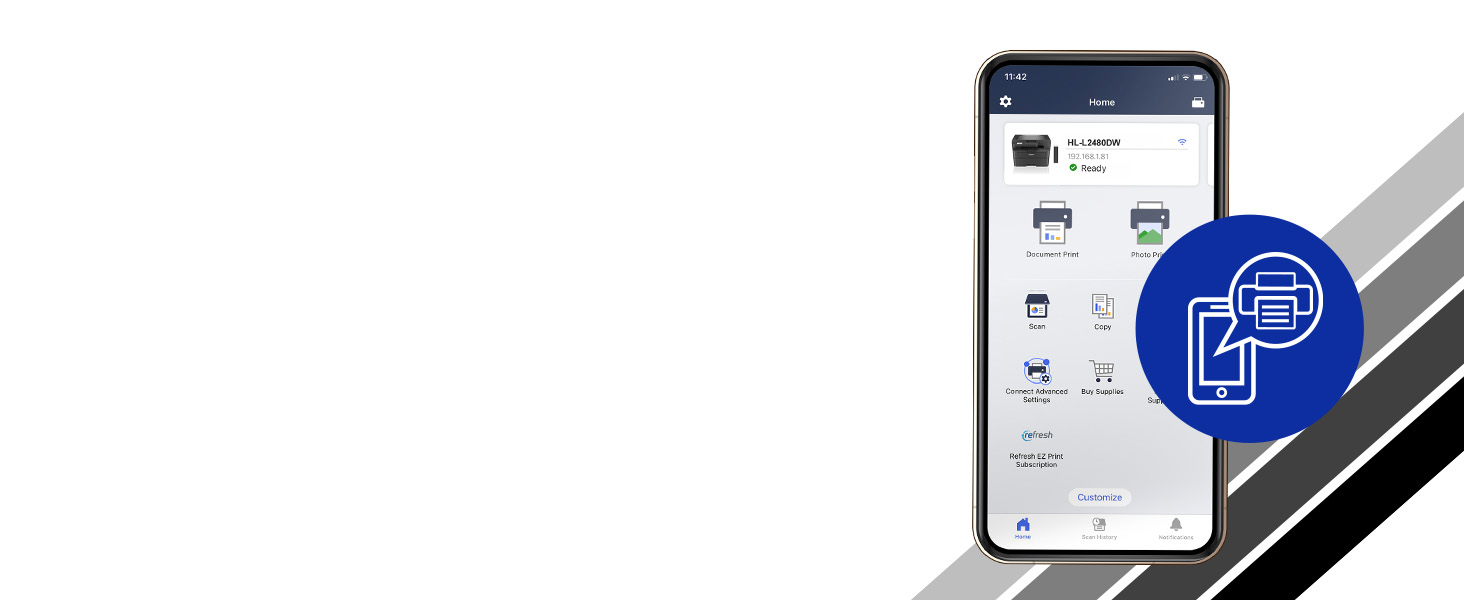 Brother Mobile Connect: wifi, toner, print/copy/scan, settings, support, Refresh, customize