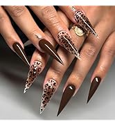 IMRAIN Brown Press on Nails Long Stiletto Fake Nails Ombre Leopard Print Acrylic Glue on Nails Fu...