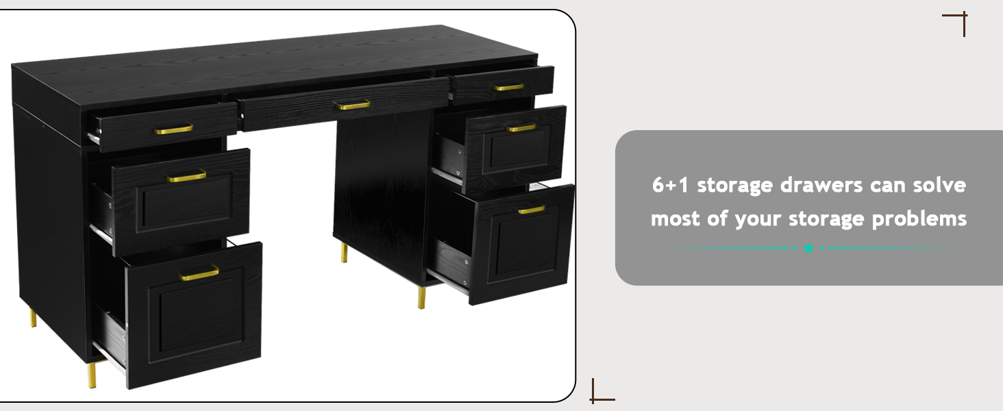 MaverickFurni 57 Inch Black and Gold Executive Desk with 7