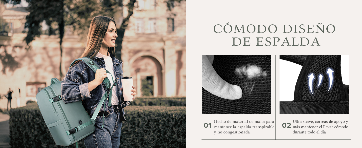 Mochila verde claro usada por una persona al aire libre. Los paneles adyacentes muestran los detalles de la mochila: correas acolchadas y panel trasero ventilado para mayor comodidad.