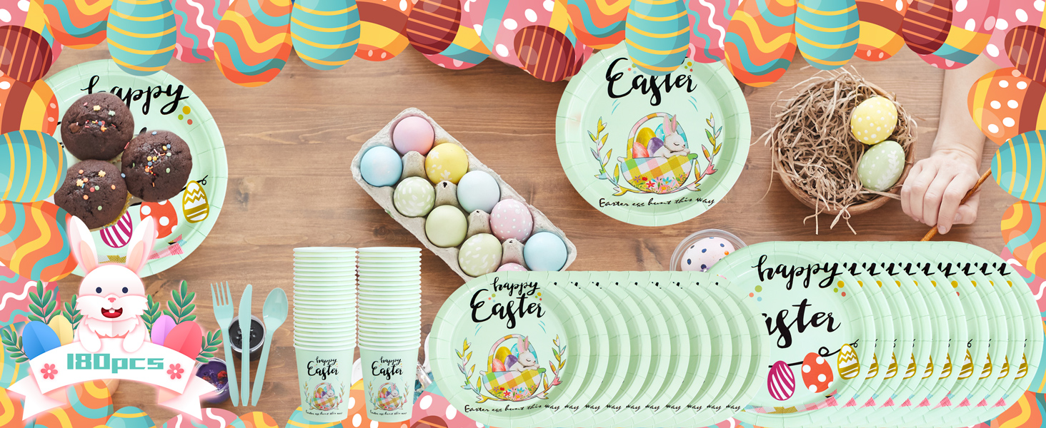 LUODA 180PCS Green Easter Paper Plates Set, Happy Easter