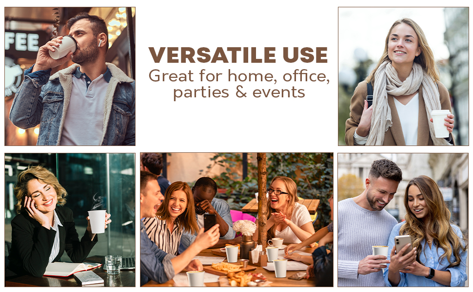 Versatile paper coffee cups: home, office, parties, events. Hot &amp; cold drinks.