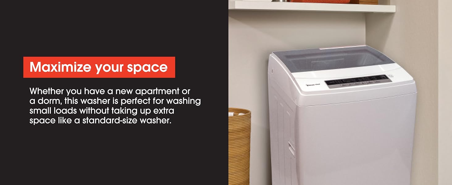 A dorm washing machine. Text reads: Maximize your space. 