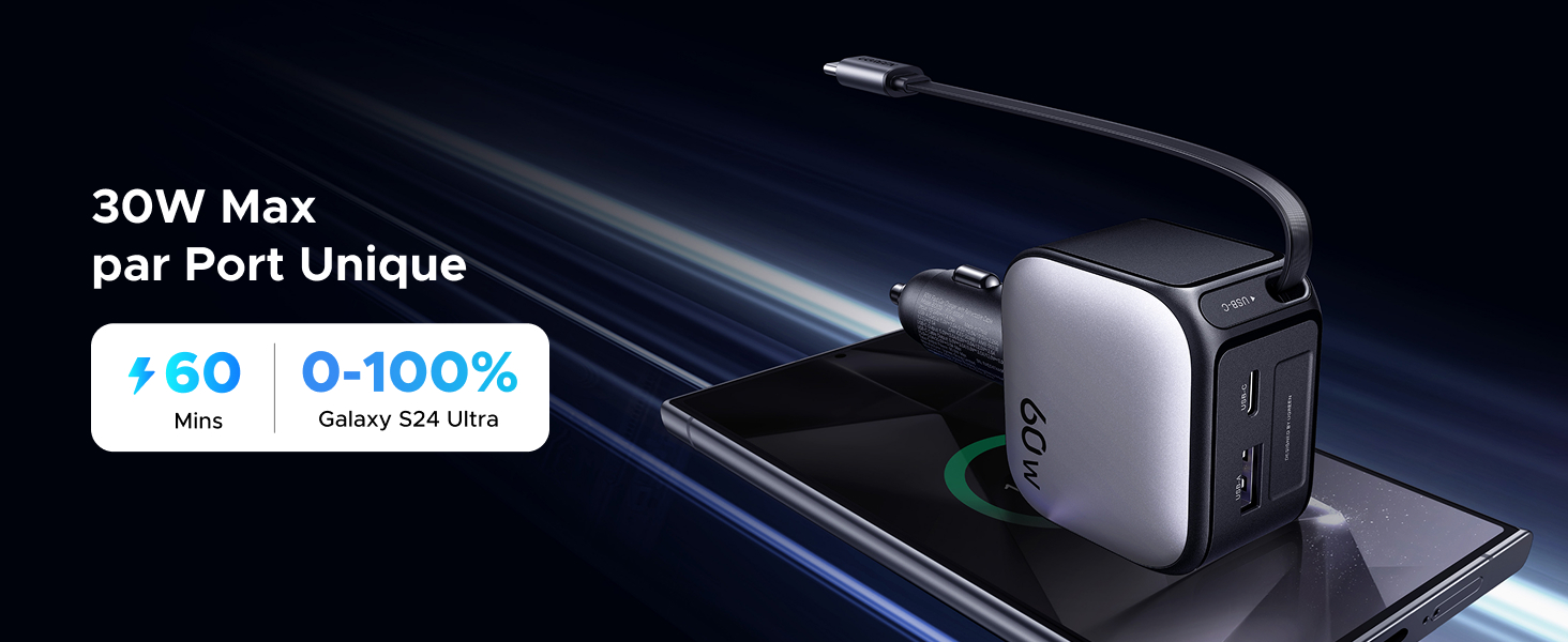UGREEN Nexode Chargeur Voiture 60W avec câble USB-C rétractable recharge le Galaxy S24 Ultra de 0 % à 100 % en seulement 60 minutes grâce à la technologie Power Delivery de 30W via le câble USB-C intégré – parfait pour une recharge rapide et efficace en voiture.
