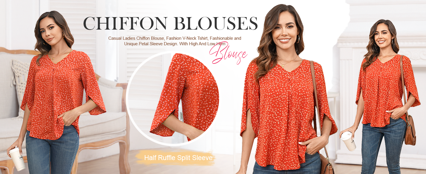 LAOLASI Womens Summer Chiffon Blouses V Neck Casual Work Tops for Leggings 2024 Flowy Dressy Tshirts