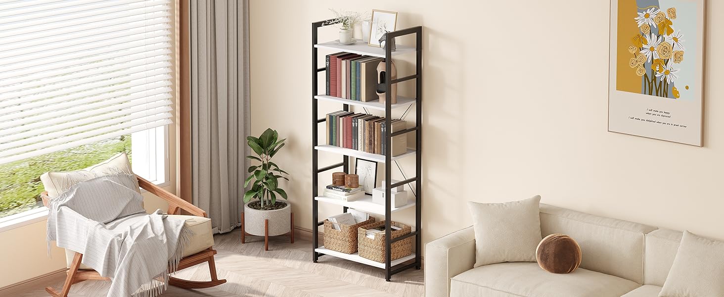 MEXIN 24" Bookshelf, 5Tier Ladder Shelf, Industrial Bookcase, Wooden and Metal Storage Rack