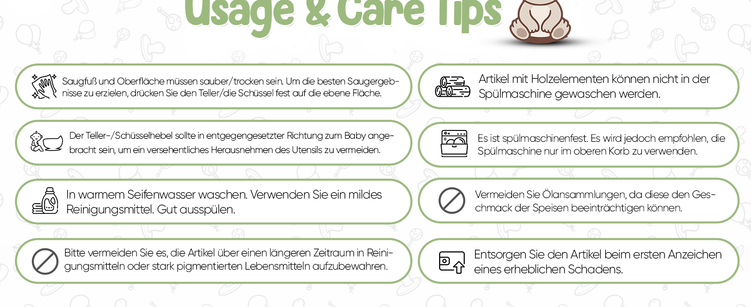 Infographic showing multiple green and white text boxes containing usage and care instructions arranged in rows.