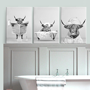 3 Piece Black and White Highland Cow Bathroom Wall Art