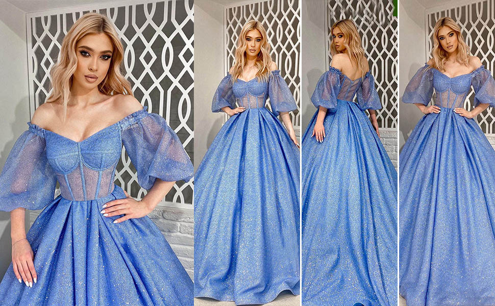 Glitter Puffy Sleeve Prom Dresses