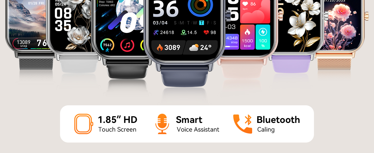 Multiple smartwatches with various digital displays showcasing different watch faces and features. Includes icons for HD touch screen, smart voice assistant, and Bluetooth calling capabilities.