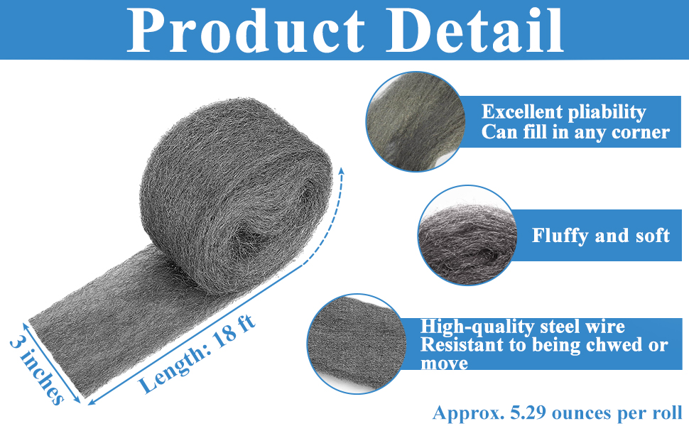 Steel Wool for Mice Control 2 Pack of 3"×15Ft Steel Wool, Gap Filter for House & Garage Keep