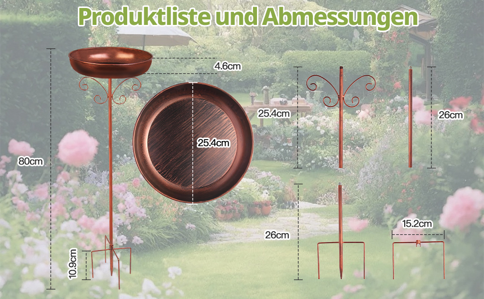 Text lautet 'Produktliste und Abmessungen'. Diagramm, das Messungen und Spezifikationen gegen Blumenhintergrund mit Messlinien und Kreisen zeigt.