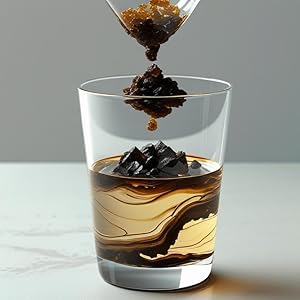 Sequential photos showing coffee or espresso being poured into a clear glass, demonstrating the layering effect of the liquid against the glass surface.