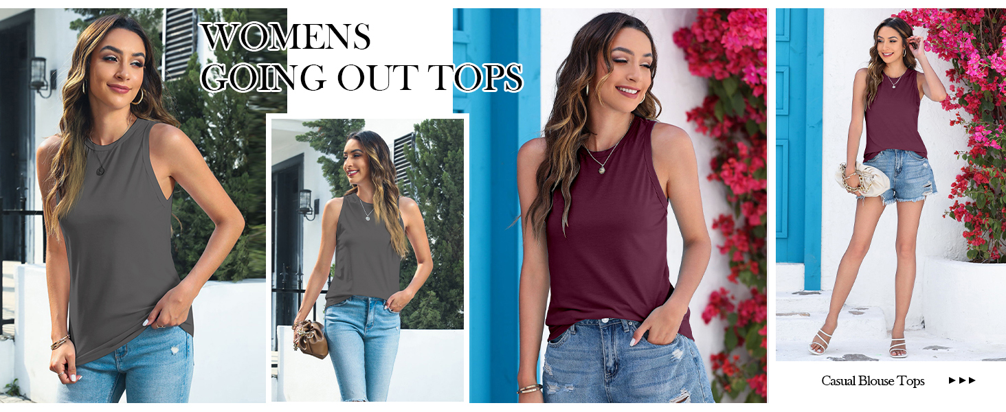 Fisoew Womens' Crewneck Sleeveless Summer Casual Loose Fit Basic Shirts