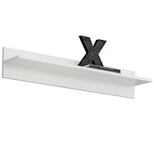 Weißes Schweberegal mit schwarzer X-förmiger Halterung für die Wandmontage, minimalistisches Design und klare Linien