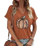 V Neck Halloween Pumpkin Tshirt Women Vintage Pumpkin Graphic Tee Casual Short Sleeve Fall Holida...