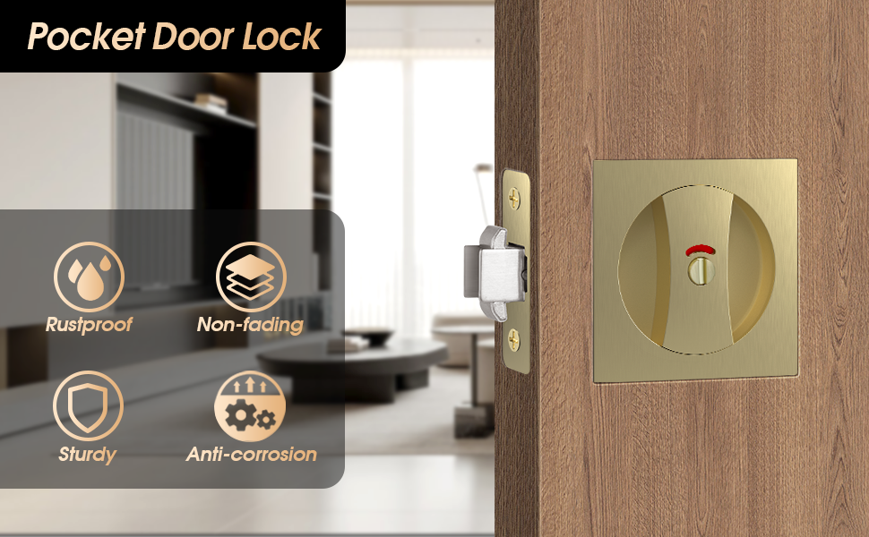 Gold Square pocket door lock locks latch latches hardware handle handles pull pulls color Indicator