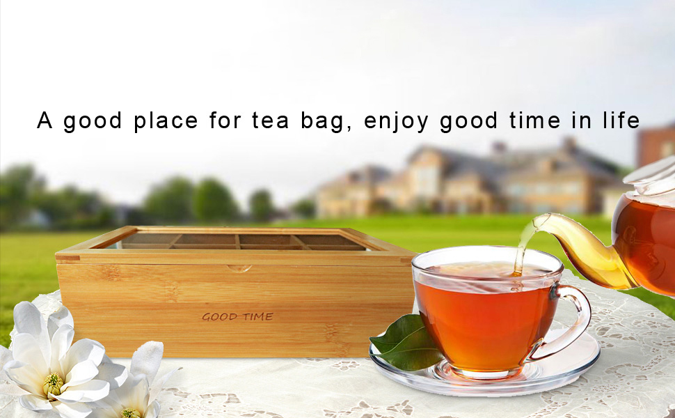 Bamboo Tea Bag Container, “GOOD TIME” Engraved Tea Box Organizer, Tea