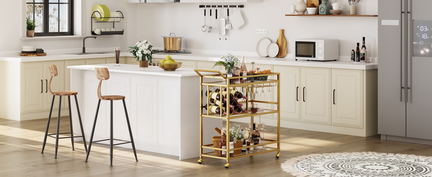 FATORRI Bar Cart for The Home with Wine Rack and Glasses Holder (Gold)