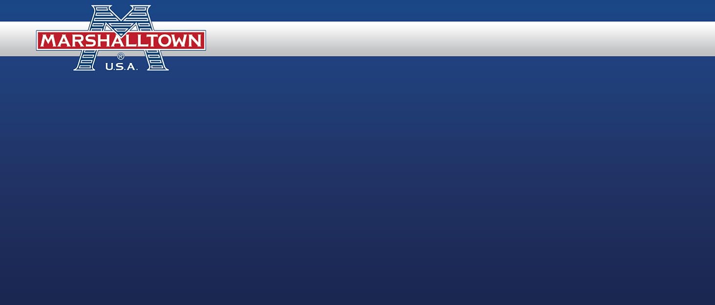 The Marshalltown M Logo over a grey stripe near the top of a dark blue background