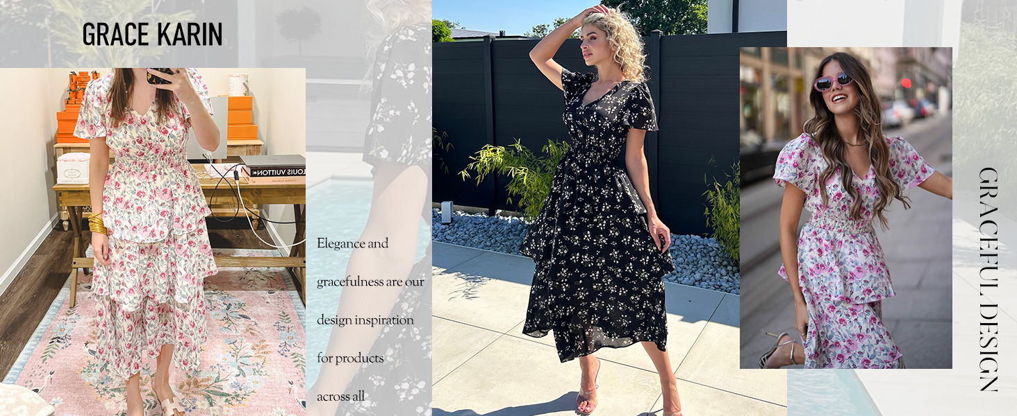 Women Black Floral Dress Short Sleeve Floral V Neck Ruffle Layered Tiered Flowy Vocation Dresses