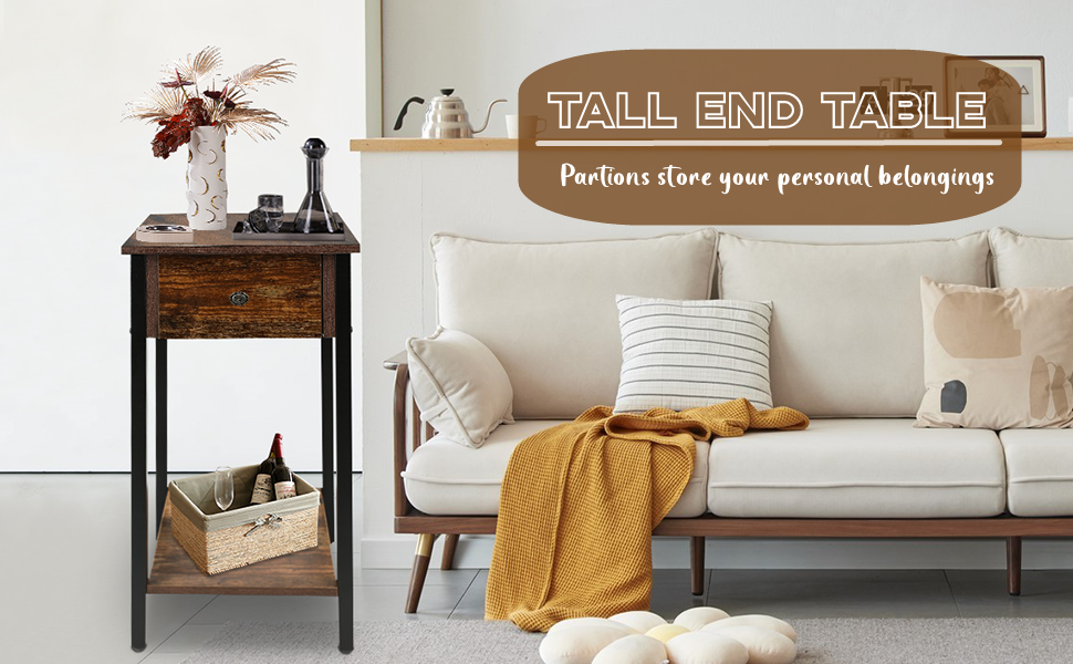 NO MORE TAG Tall End Table with Drawer and Wooden Storage