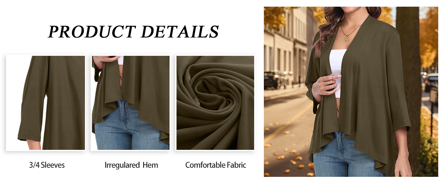 PrinStory Women's Cardigans Kimono Cardigans Loose 3/4 Sleeve Open Front Kimono Cover Ups