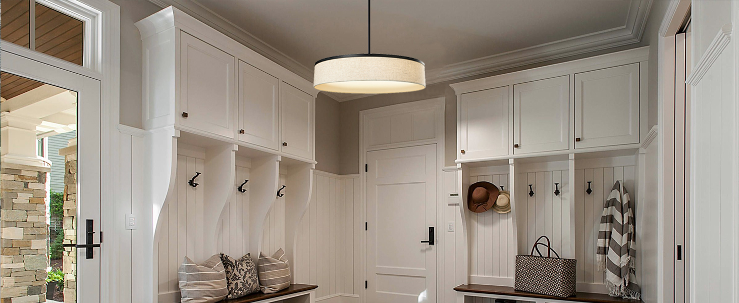 Drum Modern Chandelier with Linen Shade Farmhouse Drum Pendant Light Round White Chandeliers