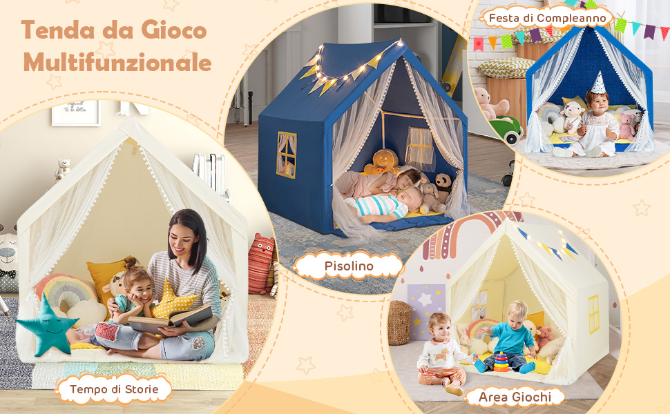 Tende da gioco multiuso per bambini. Le immagini mostrano tende in stile teepee in beige e blu, utilizzate per la lettura, il gioco e