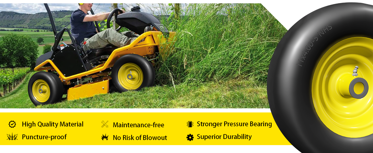 11x4.005 Flat Free Lawn Mower Tires, Universal Fit