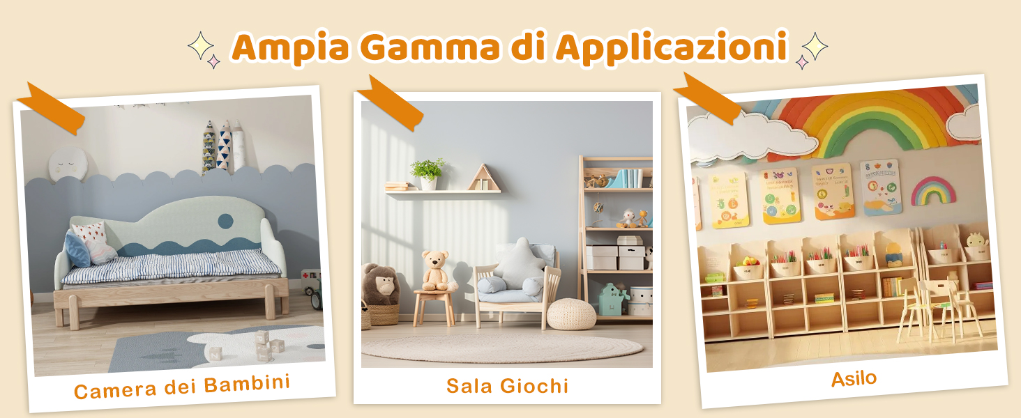 Il testo recita 'Ampia Gamma di Applicazioni'. Galleria fotografica che mostra vari spazi interni tra cui aule, aree giochi e ambienti educativi.