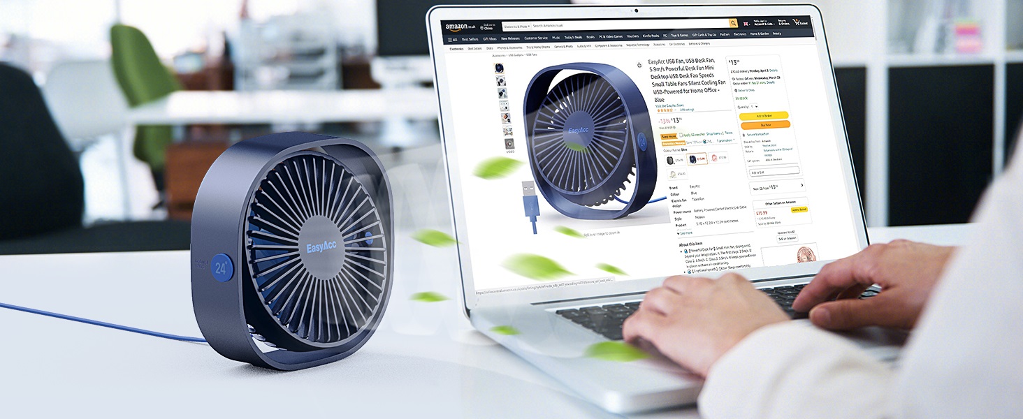 EasyAcc USB Fan, USB Desk Fan, 5.9m/s Powerful Desk Fan Mini Desktop