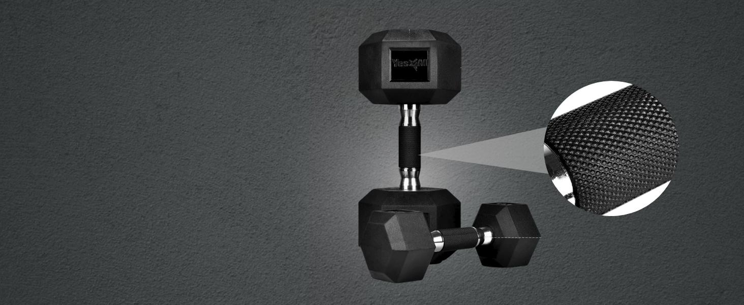 Yes4All Rubber Grip Encased Hex Dumbbell – Hand Weights With Anti-Slip 5-50 LBS Single