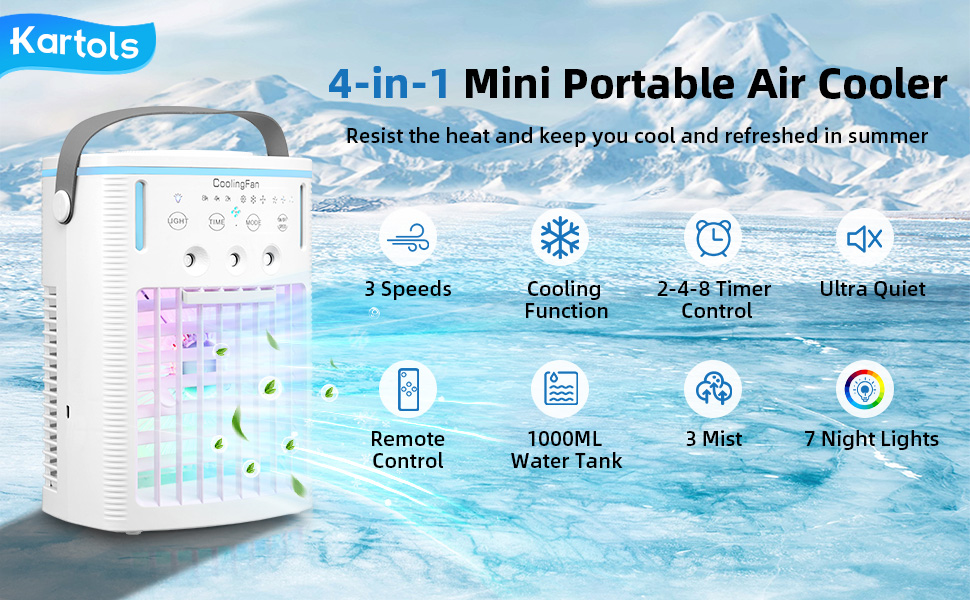 Portable air cooler product image with text