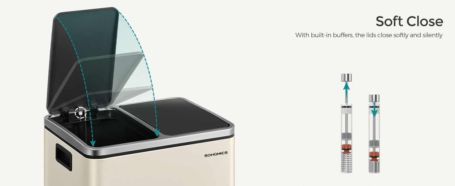 Hulladékgyűjtő „Soft Close” fedélmechanizmussal. Az ábra a fedél mozgását mutatja. Jobb oldalon két hengeres tárgy látható, amelyek esetleg a termékhez kapcsolódnak.
