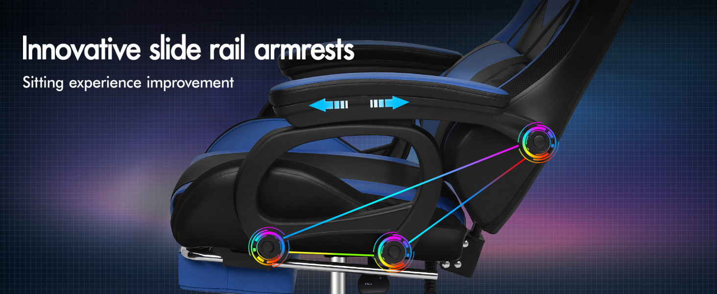 ELFORDSON Gaming Chair With RGB LED Light 8-Point Massage, Blue & Black 14 3-3