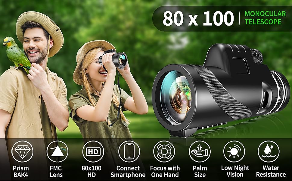 80x100 HD Telescope, High Power Monocular for Adults with