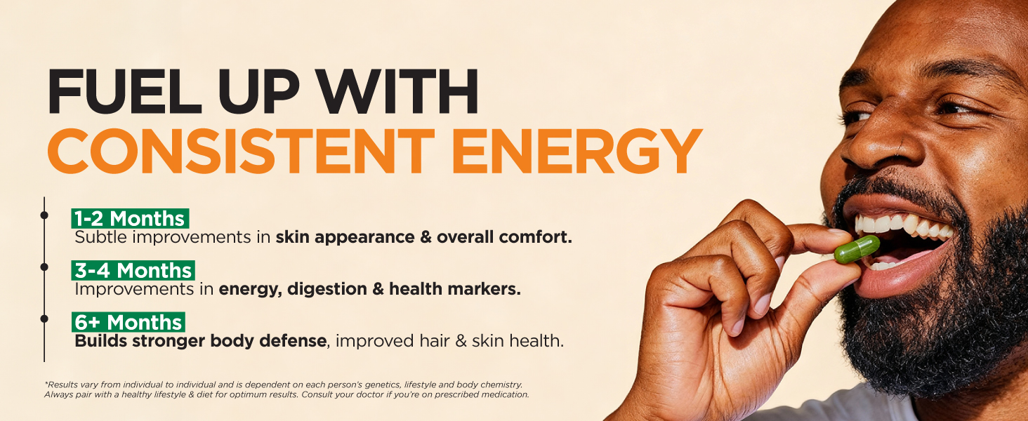 Bearded African American man taking one green moringa capsule for consistent results