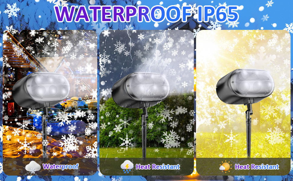Waterproof IP65-rated outdoor light fixture shown in three weather conditions: warm, snow, and rain. Oval-shaped light with stem mount for garden or pathway illumination.