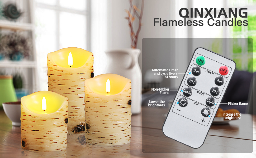 qinxiang Flameless Candles LED Candles Birch Bark Set of 3