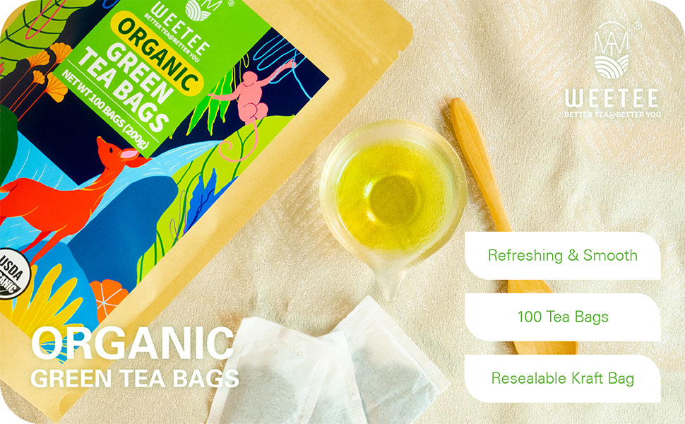 WT WEETEE Organic Green Tea Bags, USDA Organic Pure Green