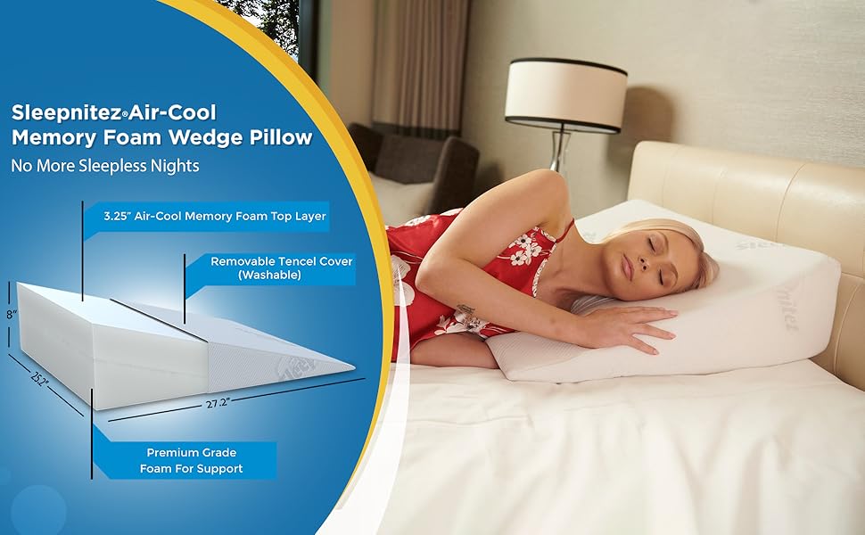 Sleepnitez 8" Bed Wedge Pillow for Acid Reflux with Tencel Cover and White Egyptian