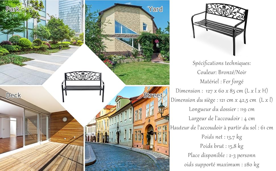 RELAX4LIFE Banc De Jardin En Fonte D’Acier Pour 2-3 Personnes, Résistant Et Confortable Avec Incliné Dossier Ciselé, Accoudoirs Arrondis Et Pieds Durables, Utilisation En Extérieur, Bronzé/Noir (Noir) 17 6