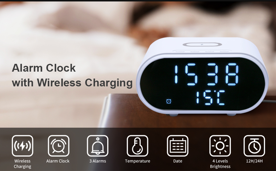 TDOO Alarm Clock With 15W Fast Wireless Charging, Digital Alarm Clocks
